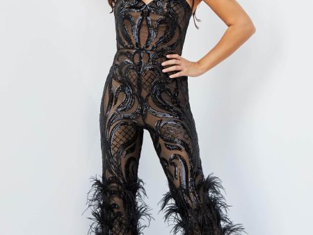 Jovani - 05669 Strapless Sweetheart Feathered Jumpsuit Online