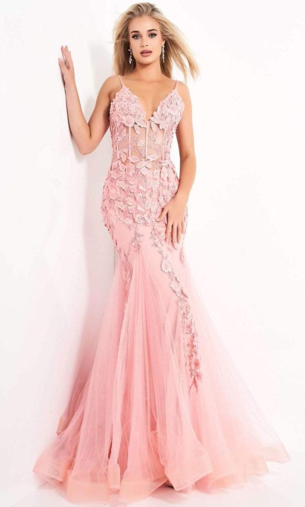 Jovani - 02841 Floral Appliques Corset Bodice Tulle Trumpet Gown Online